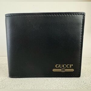 GUCCI Black Leather Bifold Wallet Gold Logo Gift Ready